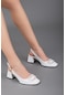Köşeli Kalıp Arka Açık Cilt Beyaz Kadın Kalın Topuklu Ayakkabı-2260-Beyaz