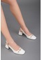 Rugan Arka Açık Taşlı Toka Beyaz Kadın Kalın Topuklu Ayakkabı-2263-Beyaz