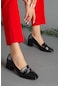 Rugan Taş Detaylı Küt Burun Siyah Kadın Topuklu Ayakkabı-2107-SIYAH