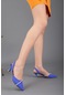 Saten Tek Sıra Taşlı Saks Mavi Kadın İnce Topuklu Ayakkabı-2281-Saks Mavi