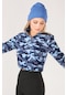 Giyim Dünyası Kadın Kamuflaj Desenli Yarım Fermuar Crop Polar Sweatshirt Mavi