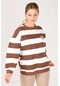 Giyim Dünyası Kadın Sıfır Yaka Çizgili Sweatshirt Kahverengi