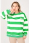 Giyim Dünyası Kadın Sıfır Yaka Çizgili Sweatshirt Yeşil