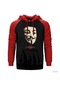 V For Vendetta Maske Kırmızı Reglan Kol Kapşonlu Sweatshirt Kırmızı
