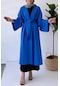 Uzun Kuşaklı Keten Kimono - Saks Mavi