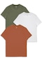 Avva Erkek Beyaz-Haki-Turuncu 3'Lü Bisiklet Yaka Düz T-Shirt E001010