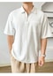 Erkek Oversize Polo Yaka Waffle T-shirt Poloyaka-fermuarlı Beyaz