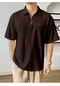 Erkek Oversize Polo Yaka Waffle T-shirt Poloyaka-fermuarlı Kahverengi