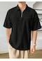 Erkek Oversize Polo Yaka Waffle T-shirt Poloyaka-fermuarlı Siyah