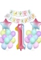 Gökkuşağı Konsepti 1 Yaş Doğum Günü Parti Kutlama Seti; Rakam ve Yıldız Folyo, Banner ve Makaron Balon