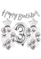 Gümüş Konsept 3 Yaş Doğum Günü Kutlama Seti Beyaz Gümüş Konfetili Balon Rakam Yıldız Folyo ve Banner