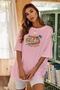 Pudra Pembe Oversize Aloha Baskılı Kadın T-Shirt