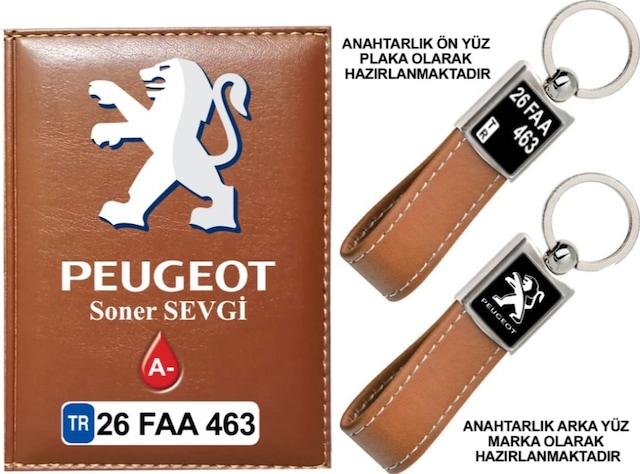 Plakanıza Özel Peugeot Logolu Taba Ruhsat Kabı Ve Anahtarlık