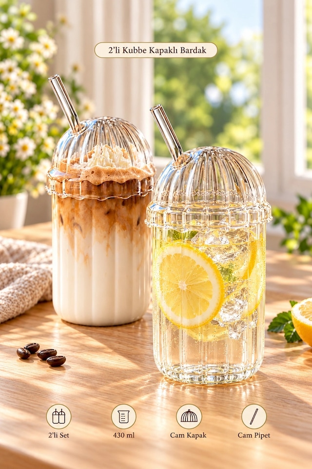 Tilbe Home 2'li Kubbe Kapaklı Pipetli Bardak İskandinav Kahve Sunum Bardağı 430ml Set