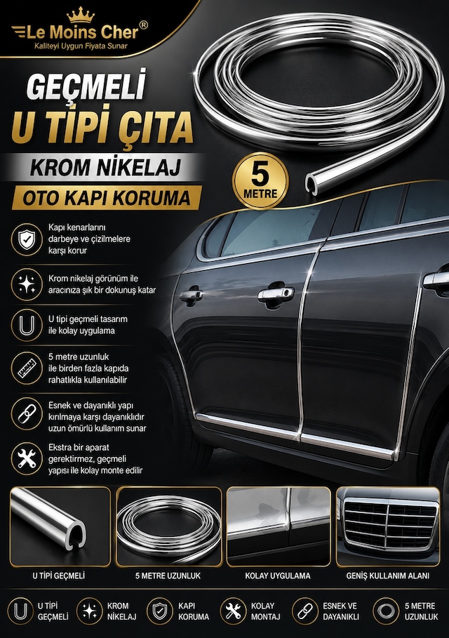 Citroen C3 Feel Geçmeli U Tipi Çıta 5 Metre Krom Nikelaj Oto Kapı Koruma