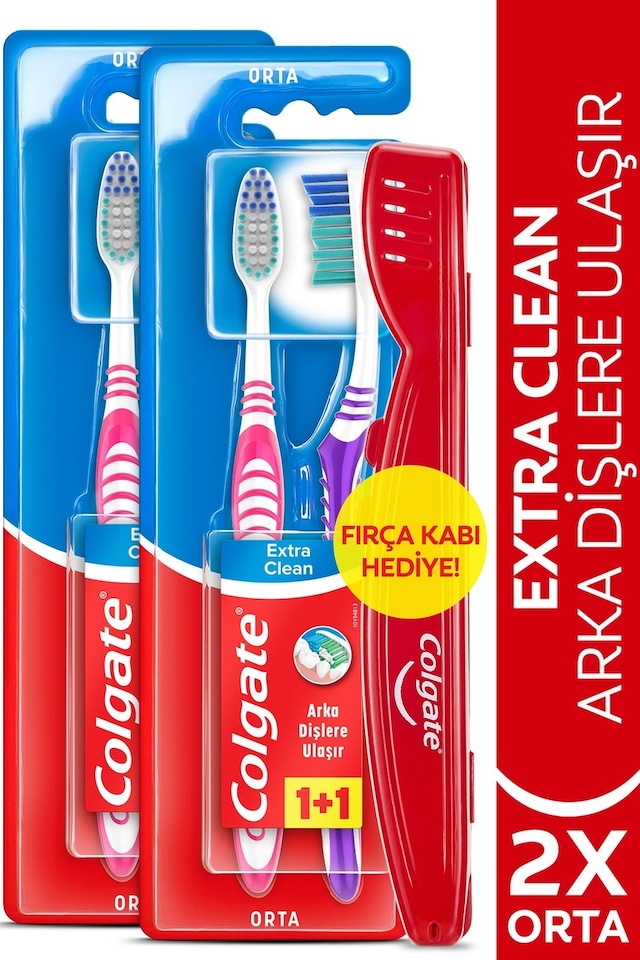 Colgate Extra Clean Dil Temizleyicili Orta Diş Fırçası 1+1 2'li + Diş Fırçası Kabı