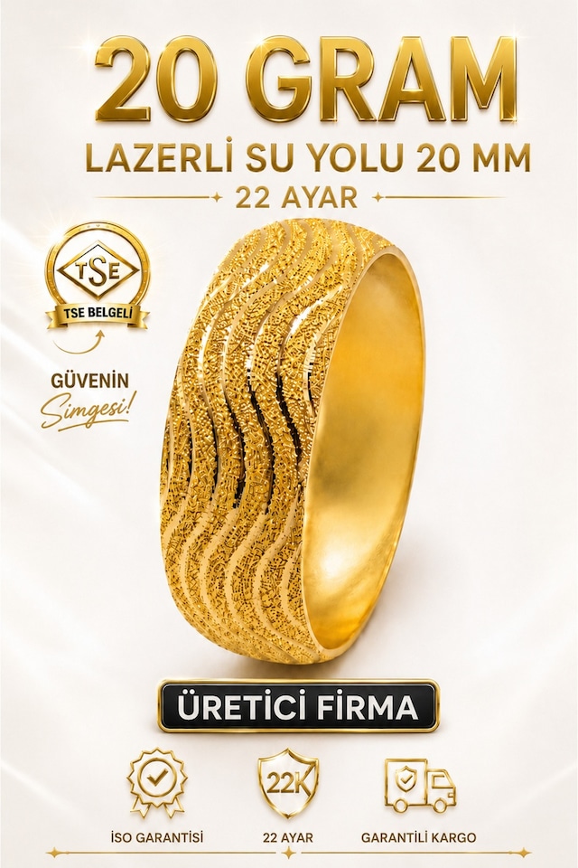 22 Ayar Tse Belgeli 20 Gram Lazerli Su Yolu Mega Altın Bilezik 20 Mm Ajda Gold Düğün Nişan