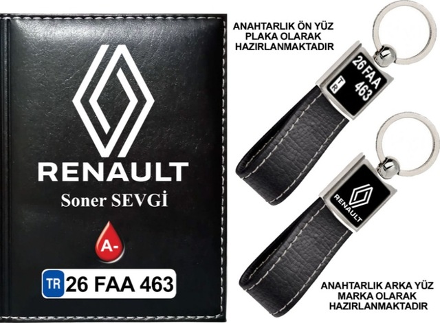 Plakanıza Özel Yeni Renault Logolu Siyah Ruhsat Kabı Ve Anahtarlık