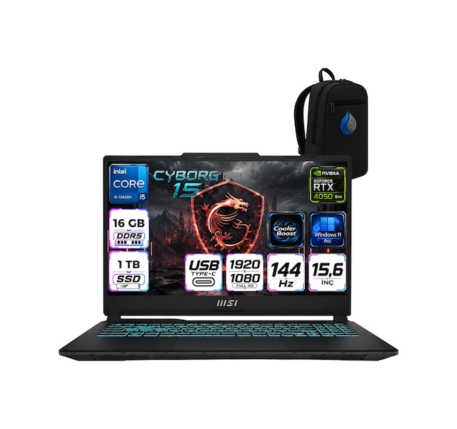 MSI Cyborg 15 A13ve-1252xtrrnp02 i5-13420H 16 GB 1 TB SSD 6 GB RTX4050 15″ W11P Dizüstü Bilgisayar