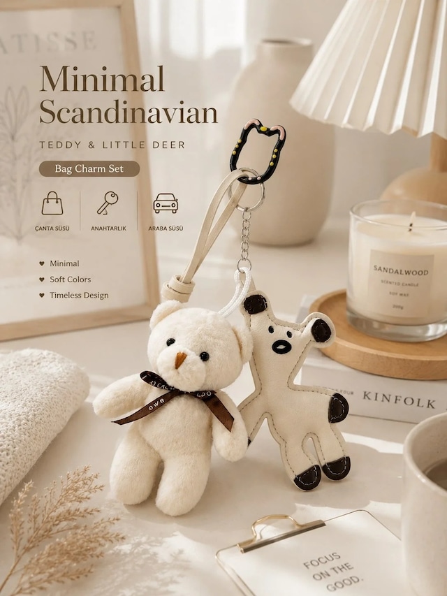 Ers 2 Li Set Peluş Ayıcık & Mini Geyik Çanta Charmı Çanta Aksesuarı - Kedili Kanca