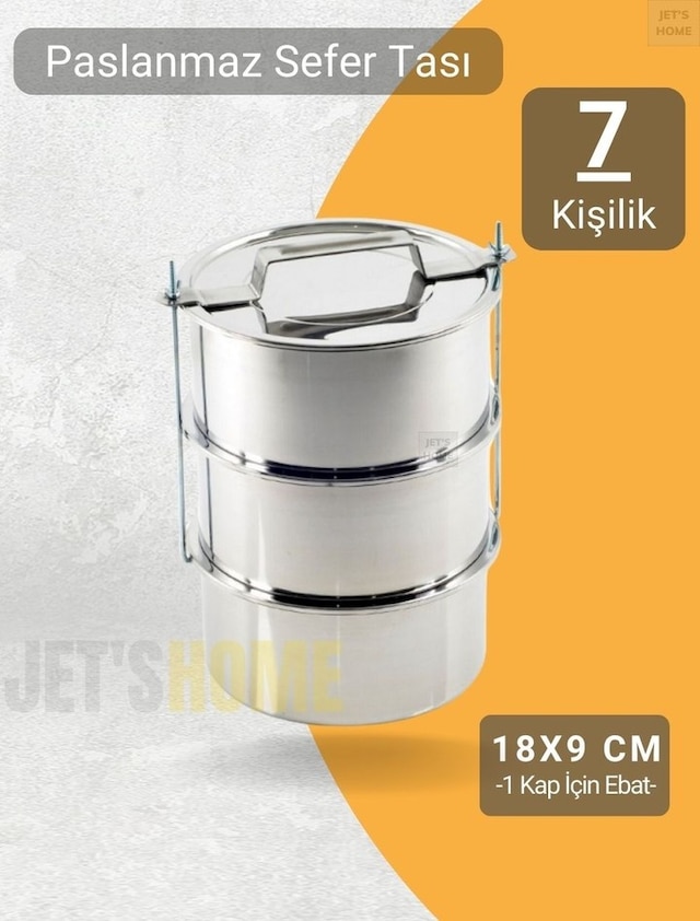 3 Lü Sefer Tası 18x9 Cm Yemek Taşıma Kabı Paslanmaz Çelik No:4 Kapasite 7 Kişilik Metalik Gri