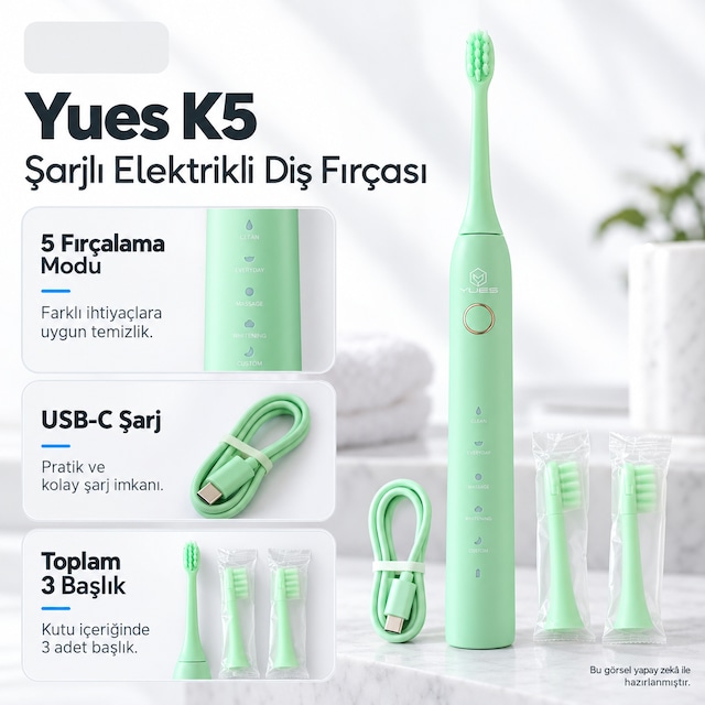Yues K5 Şarjlı Elektrikli Diş Fırçası 5 Mod 3 Başlık Mint Yeşili
