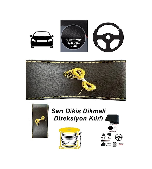 Tüm Araç Ve Modellere Deri Direksiyon Kılıfı Dikmeli Sarı Dikiş Diğer