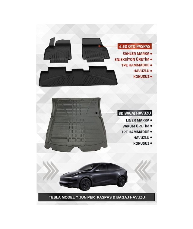 Sahler Tesla Model Y Juniper 2025+ Uyumlu 4.5d Premium Havuzlu Oto Paspas Ve Liner Marka 3d Bagaj Havuzu