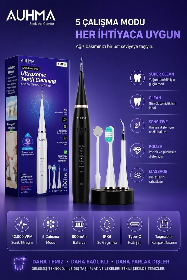 Ultrasonic Şarjlı Elektrikli Akıllı Diş Temizleme Cihazı Beyazlatıcı 5 Mod 3+1 Başlık Siyah