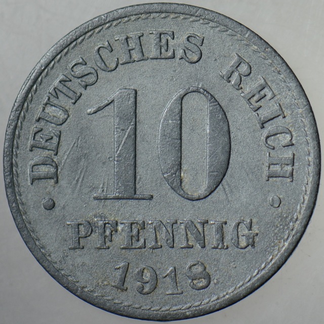 Almanya 10 Pfennig 1918 Çinko. I. Dünya Savaşı Dönemi.