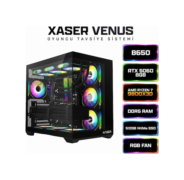 Xaser Venus X70 R7-9800X3D 16 GB 512 GB M.2 NVMe SSD 8 GB RTX5060 Free Dos Masaüstü Oyuncu Bilgisayarı