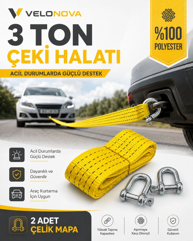 3 Ton Sarı Çekme Halatı 3 Metre 5 Cm Genişlik 2 Adet Çelik Mapa Dahil %100 Polyester Araç Kurtarma Halatı