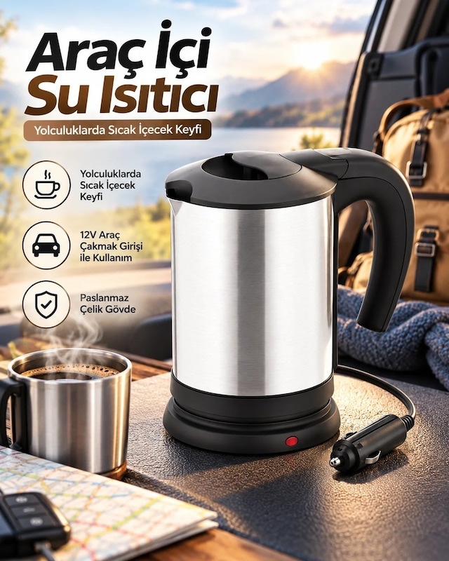 Ers Otomobilde Kullanıma Uygun 12v Çakmak Soketli Paslanmaz Çelik Pratik Su Isıtıcı Kettle