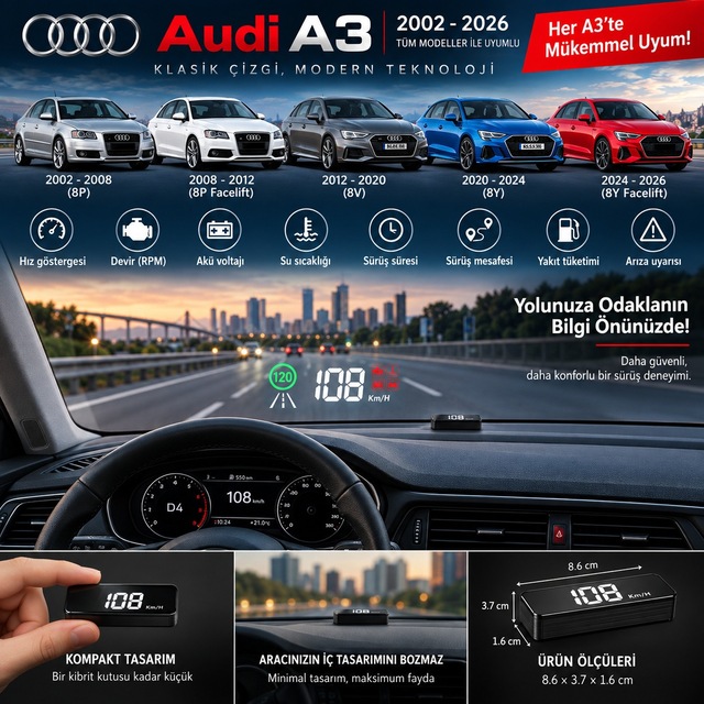 Audi A3 2002-2026 Modeller İçin Head Up Display Hayalet Gösterge Ekranı Ön Cam Hız Göstergesi