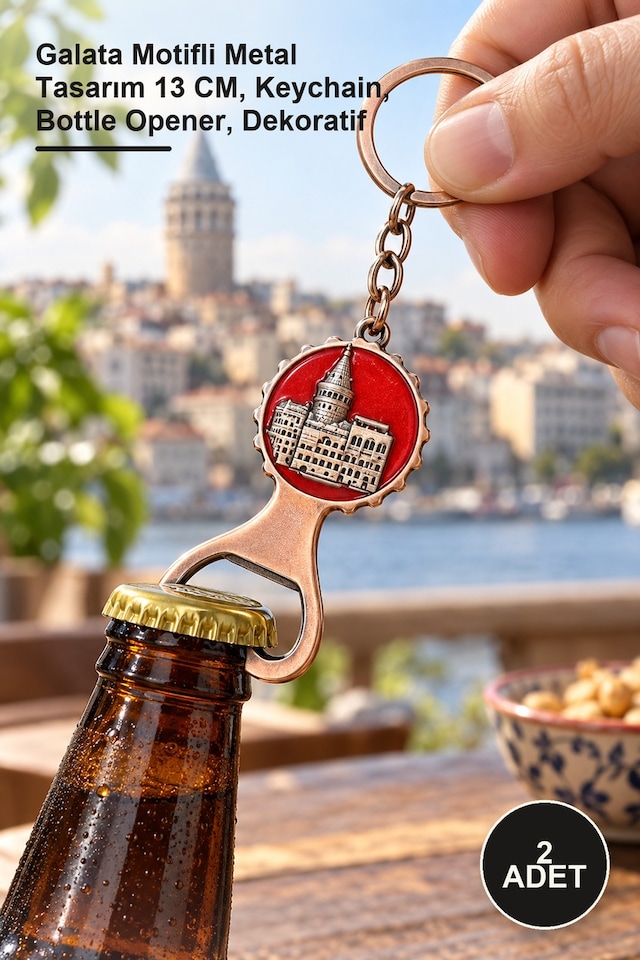 2 Adet Galata Kulesi Metal Anahtarlık Ve Açacak Galata Motifli Metal Tasarım 13 Cm, Keychain, Bottle Opener, Dekoratif