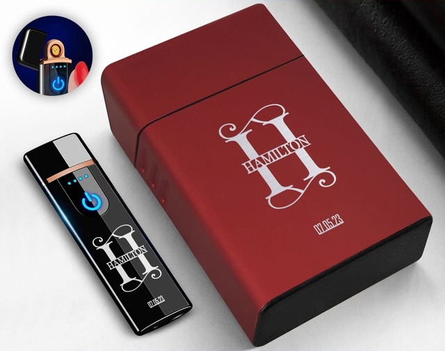 Bk Gift Kişiye Özel Kırmızı Sigara Tabakası ve Elektronik Dokunmatik Alevsiz Şarjlı Çakmak Seti 6