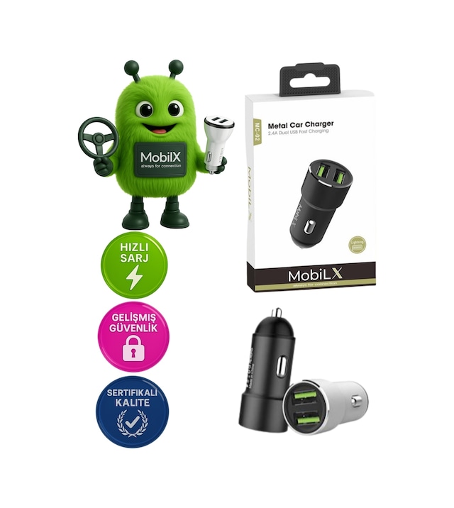 Mobilx Mc-02 2.4a Çift Usb Portlu Metal Araç Şarj Cihazı Type-c Ve Lightning Kablo Uyumlu Siyah