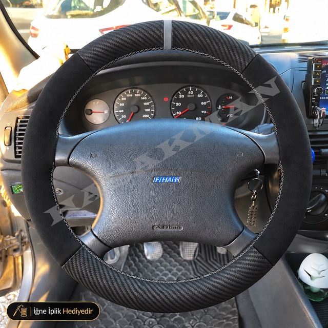 Fiat Strada Dikme Direksiyon Kılıfı Alcantara Süet Mat Karbon Gri Yüzük Ve Dikiş 4 Kollu 1999-2005