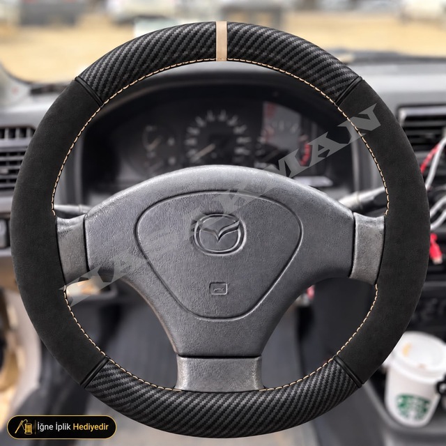 Mazda Demio Dikme Direksiyon Kılıfı Alcantara Süet Mat Karbon Bej Yüzük Ve Dikiş Dw 1998-2002