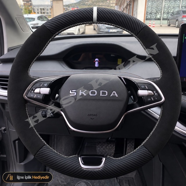 Skoda Octavia Dikme Direksiyon Kılıfı Alcantara Süet Mat Karbon Beyaz Yüzük Ve Dikiş Premium 2024-2026