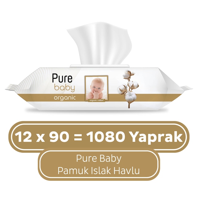 Pure Baby Organik Pamuklu Islak Havlu 12 x 90'lı 1080 Yaprak