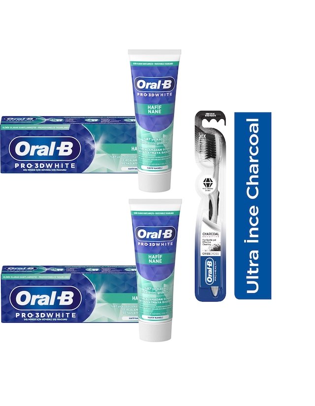 Oral-B 3D White Hafif Nane Diş Macunu 2 x 75 ML + Health Kömür Ultra İnce Diş Fırçası