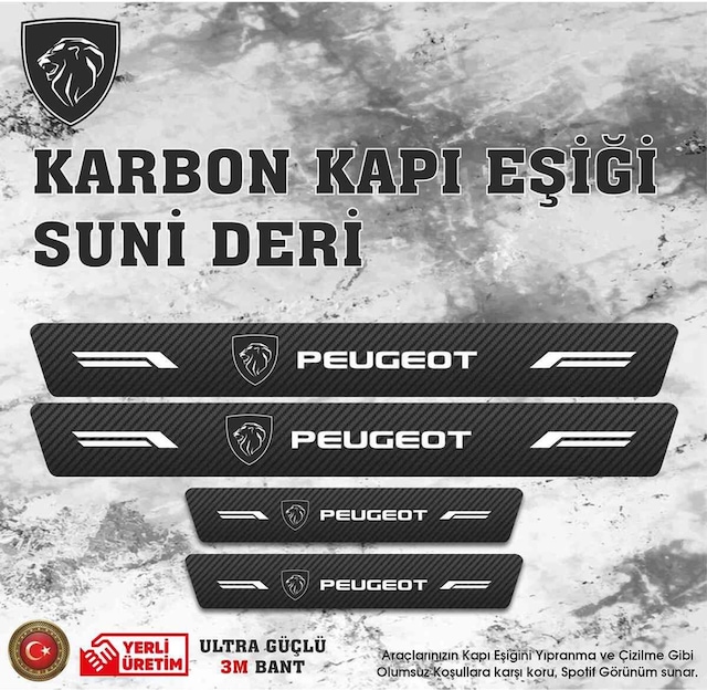 Peugeot Uyumlu Deri Karbon Kapı Eşiği Koruyucu Bant 4 Adet