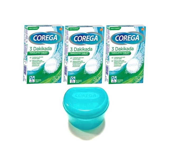 Corega 3 Dakikada Protez Temizleyici Tablet 3 x 30'lu + Protez Kabı