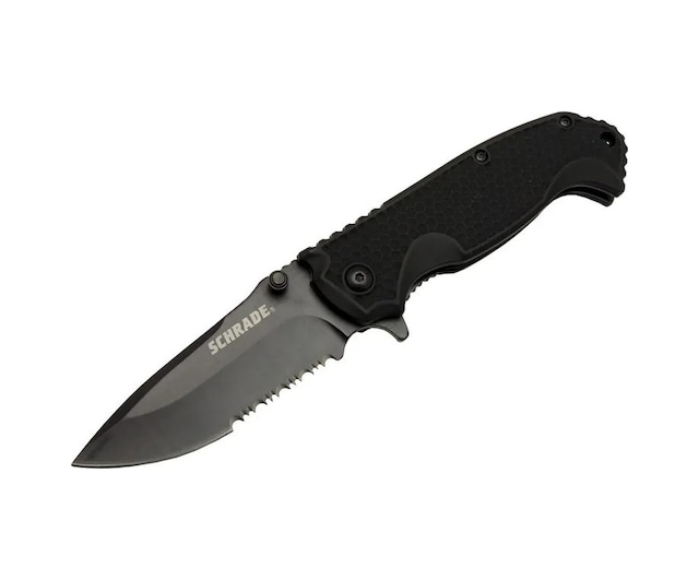 Muhtelif Schrade 5-1 Siyah Kamp Çakı 20cm- Yarı Otomatik, Testere Detaylı, Kemerlikli