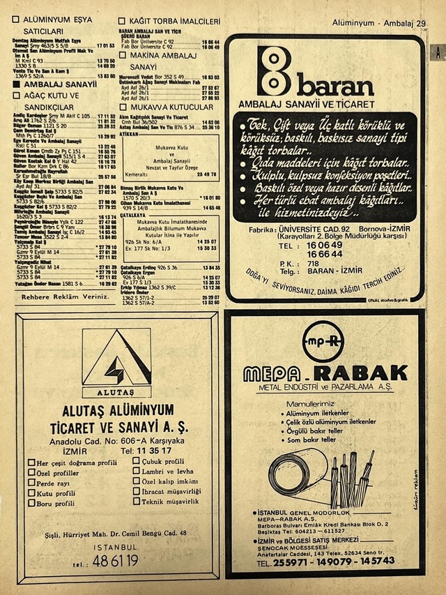 İzmir 1982-1983 Meslek Reklam İlanı Efemera S29 Teşhir Ürün