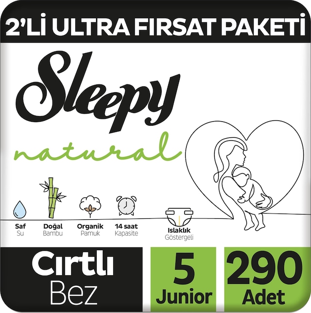 Natural 2'li Ultra Fırsat Paketi Bebek Bezi 5 Numara 290 Adet 5'li