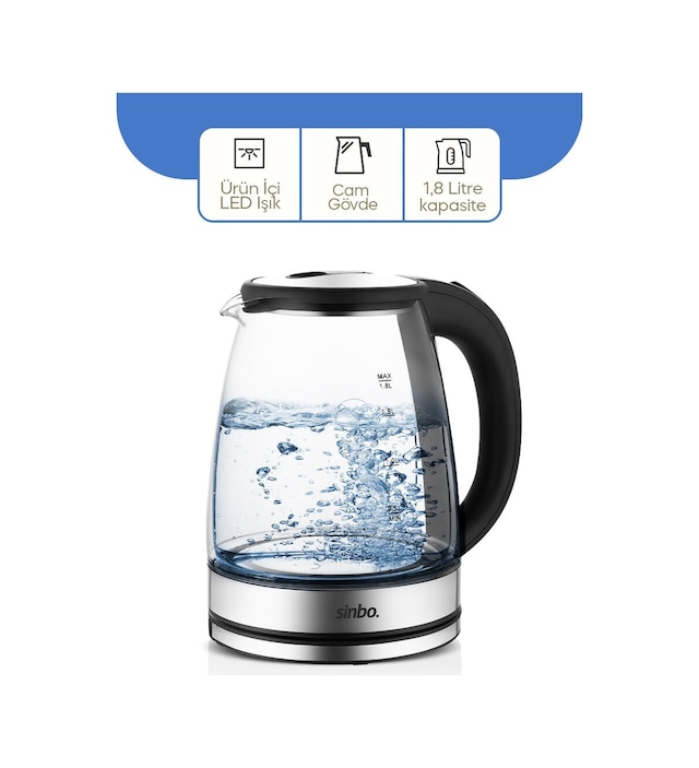 Su Isıtıcısı & Kettle Cam - Ledli Kettle 1.8lt Gizli Rezistans - Kablosuz 360 Derece Gövde 1500w Sk-8033