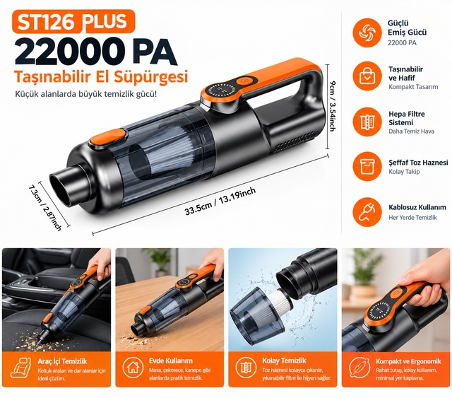 St126 Plus Kablosuz Şarjlı Araç Süpürgesi Yüksek Emiş Gücü 22.000 Pa Siyah-turuncu