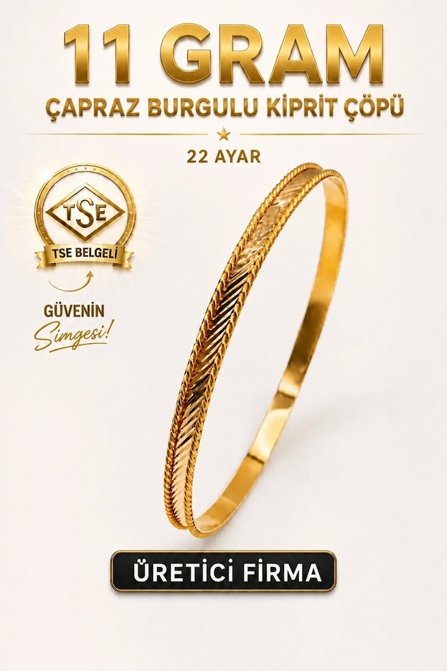 22 Ayar Tse Belgeli 11 Gram Çapraz Burgulu Kibrit Çöpü Ajda Altın Bilezik Gold İşçiliksiz